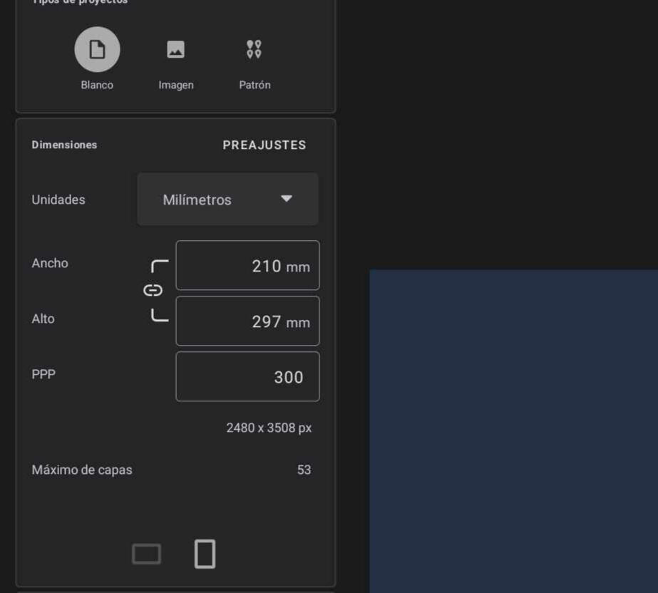 Preajustes de dimensiones desde Infinite Painter (Android)